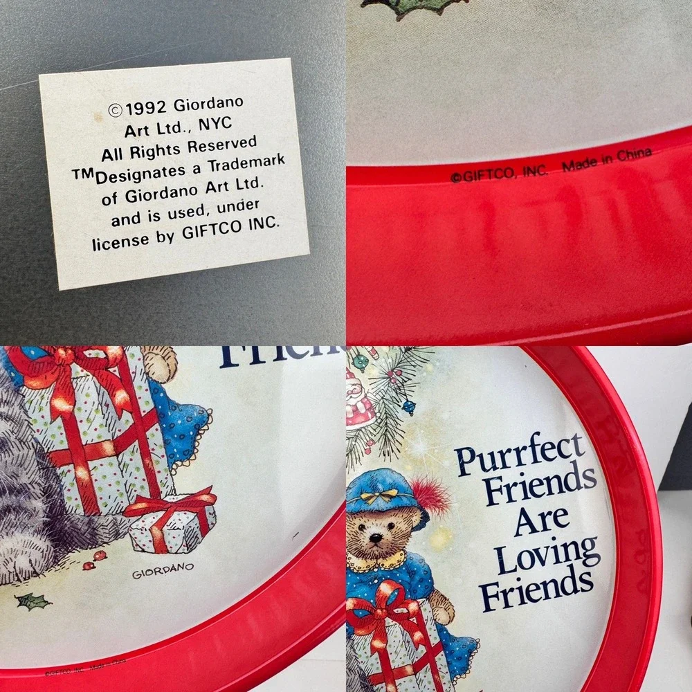 Vtg Giftco Purrfect Friends are Loving Friends Cat Christmas Round Tray Giordano